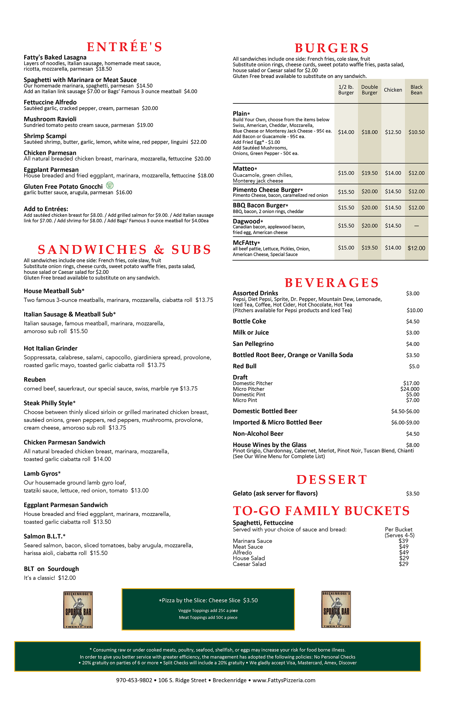 Fatty’s Menu Fattyspizzeria